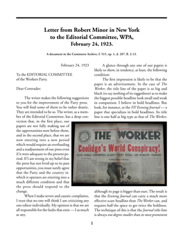 Letter from Robert Minor in New York to the Editorial Committee, WPA, February 24, 1923