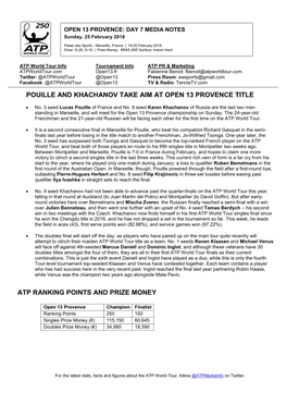Pouille and Khachanov Take Aim at Open 13 Provence Title Atp Ranking Points and Prize Money