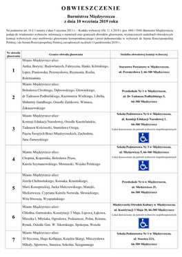 OBWIESZCZENIE Burmistrza Międzyrzecza Z Dnia 10 Września 2019 Roku