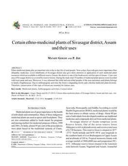 Certain Ethno-Medicinal Plants of Sivasagar District, Assam and Their Uses