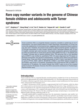 Rare Copy Number Variants in the Genome of Chinese Female Children and Adolescents with Turner Syndrome