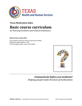 Texas Medication Aides Basic Course Curriculum for Nursing Facilities and Related Institutions