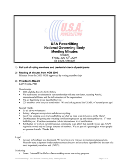 USA Powerlifting National Governing Body Meeting Minutes 6:00Pm Friday, July 13Th, 2007 St