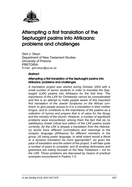 Attempting a First Translation of the Septuagint Psalms Into Afrikaans: Problems and Challenges