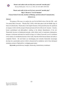 Theatre and Reality in the Novel by Barry Unsworth “Morality Play” Revista Publicando, 5 No 16. (1). 2018, 421-428. ISSN 1390-9304