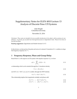 Supplementary Notes for ELEN 4810 Lecture 13 Analysis of Discrete-Time LTI Systems