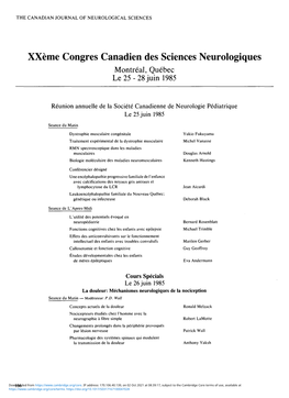 Xxeme Congres Canadien Des Sciences Neurologiques Montreal, Quebec Le25-28Juinl985