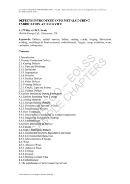 Defects Introduced Into Metals During Fabrication and Service - A.J.Wilby and D.P