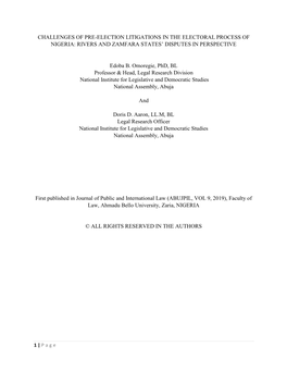 Challenges of Pre-Election Litigations in the Electoral Process of Nigeria: Rivers and Zamfara States’ Disputes in Perspective