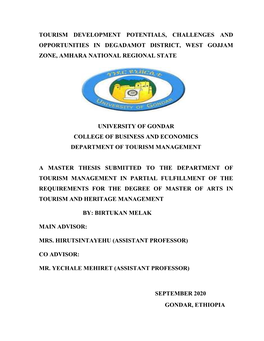 Tourism Development Potentials, Challenges and Opportunities in Degadamot District, West Gojjam Zone, Amhara National Regional State