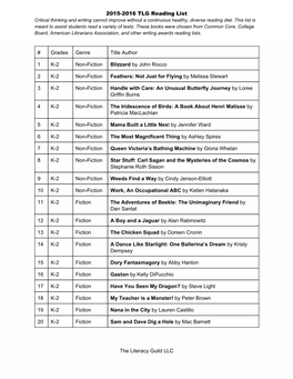 2015-2016 TLG Reading List # Grades Genre Title Author 1 K2