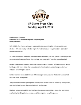 SF Giants Press Clips Sunday, April 9, 2017