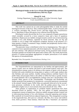 Histological Studies on the Liver of Some Plectognthid Fishes (Order: Tetraodontiformes), Red Sea, Egypt