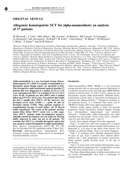 Allogeneic Hematopoietic SCT for Alpha-Mannosidosis: an Analysis of 17 Patients