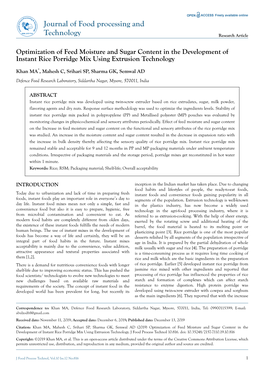 Optimization of Feed Moisture and Sugar Content in the Development of Instant Rice Porridge Mix Using Extrusion Technology