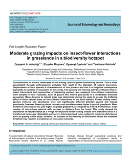 Moderate Grazing Impacts on Insect-Flower Interactions in Grasslands in a Biodiversity Hotspot
