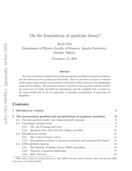 On the Foundations of Quantum Theory Arxiv:1811.04245V1 [Quant-Ph]