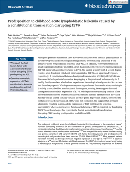 Predisposition to Childhood Acute Lymphoblastic Leukemia Caused by a Constitutional Translocation Disrupting ETV6