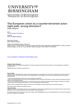 University of Birmingham the European Union As a Counter-Terrorism Actor