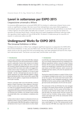 Lavori in Sotterraneo Per EXPO 2015 Underground Works for EXPO 2015