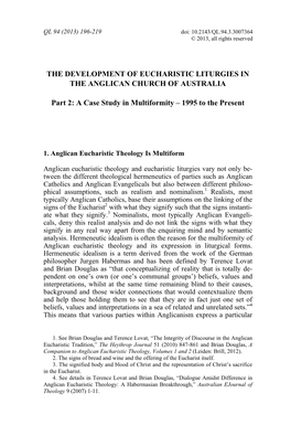 The Development of Eucharistic Liturgies in the Anglican Church of Australia