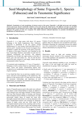 Seed Morphology of Some Trigonella L. Species (Fabaceae) and Its Taxonomic Significance