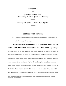 LOK SABHA ___ SYNOPSIS of DEBATES (Proceedings Other Than Questions & Answers) ___Tuesday, July 9, 2019 / Ashadha 18, 1