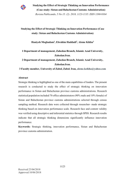 Studying the Effect of Strategic Thinking on Innovation Performance (Case Study: Sistan and Baluchestan Customs Administration) Revista Publicando, 5 No 15