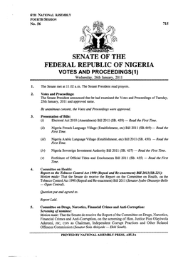 SENATE of the FEDERAL REPUBLIC of NIGERIA VOTES and PROCEEDINGS(1) Wednesday, 26Th January, 2011