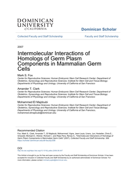 Intermolecular Interactions of Homologs of Germ Plasm Components in Mammalian Germ Cells Mark S