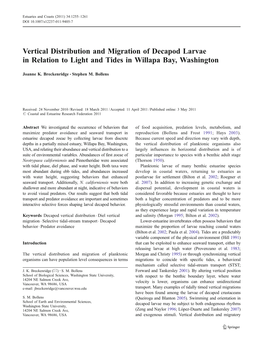 Vertical Distribution and Migration of Decapod Larvae in Relation to Light and Tides in Willapa Bay, Washington