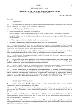 ALARM SIGNAL for USE on the MARITIME RADIOTELEPHONY DISTRESS FREQUENCY of 2182 Khz