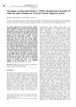 The Human Vaccinia-Related Kinase 1 (VRK1) Phosphorylates Threonine-18 Within the Mdm-2 Binding Site of the P53 Tumour Suppressor Protein