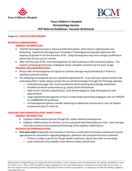 Texas Children's Hospital Dermatology Service PCP Referral Guidelines- Vascular Birthmarks