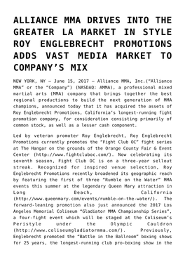 Alliance Mma Drives Into the Greater La Market in Style Roy Englebrecht Promotions Adds Vast Media Market to Company’S Mix