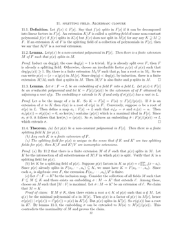 11. Splitting Field, Algebraic Closure 11.1. Definition. Let F(X)