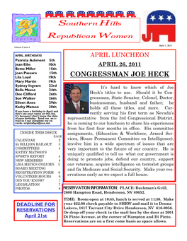 CONGRESSMAN JOE HECK Mary Martin 19Th Sydney Ingram 23Rd It’S Hard to Know Which of Joe Bella Meese 24Th Dee Clifford 26Th Heck’S Titles to Use