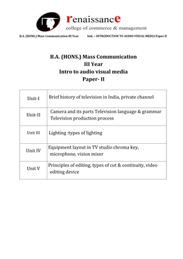 Mass Communication III Year Intro to Audio Visual Media Paper- II