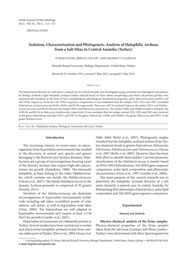 Isolation, Characterization and Phylogenetic Analysis of Halophilic Archaea from a Salt Mine in Central Anatolia (Turkey)