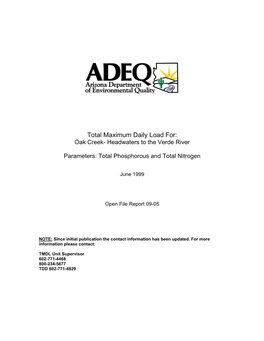 Total Maximum Daily Load For: Oak Creek- Headwaters to the Verde River