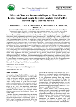 Effects of Clove and Fermented Ginger on Blood Glucose, Leptin, Insulin and Insulin Receptor Levels in High Fat Diet- Induced Type 2 Diabetic Rabbits