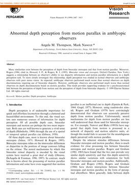 Abnormal Depth Perception from Motion Parallax in Amblyopic Observers