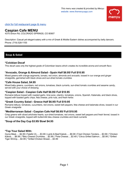 Caspian Cafe MENU 4375 Sinton Rd, COLORADO SPRINGS, CO 80907