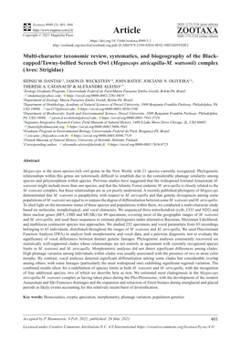 Multi-Character Taxonomic Review, Systematics, and Biogeography of the Black- Capped/Tawny-Bellied Screech Owl (Megascops Atricapilla-M