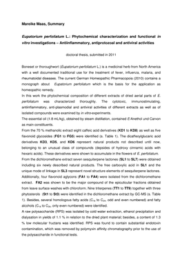 Eupatorium Perfoliatum L.: Phytochemical Characterization and Functional in Vitro Investigations – Antiinflammatory, Antiprotozoal and Antiviral Activities