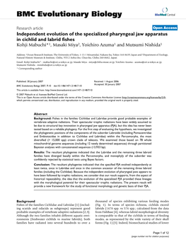 Independent Evolution of the Specialized Pharyngeal Jaw Apparatus in Cichlid and Labrid Fishes Kohji Mabuchi*1, Masaki Miya2, Yoichiro Azuma1 and Mutsumi Nishida1