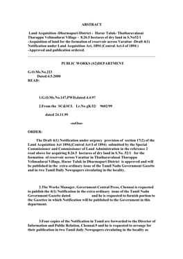 ABSTRACT Land Acquisition -Dharmapuri District