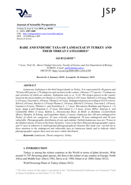 Rare and Endemic Taxa of Lamiaceae in Turkey and Their Threat Categories*