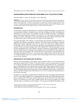 395 RADIOCARBON DATES from the CATACOMBS of ST. CALLIXTUS in ROME Leonard V Rutgers1 • Klaas Van Der Borg2 • Arie F M De