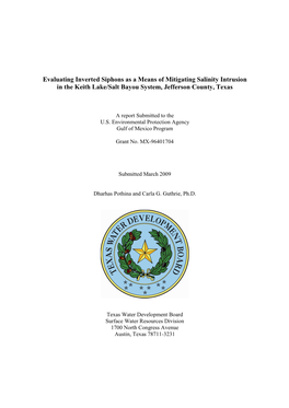 Evaluating Inverted Siphons As a Means of Mitigating Salinity Intrusion in the Keith Lake/Salt Bayou System, Jefferson County, Texas